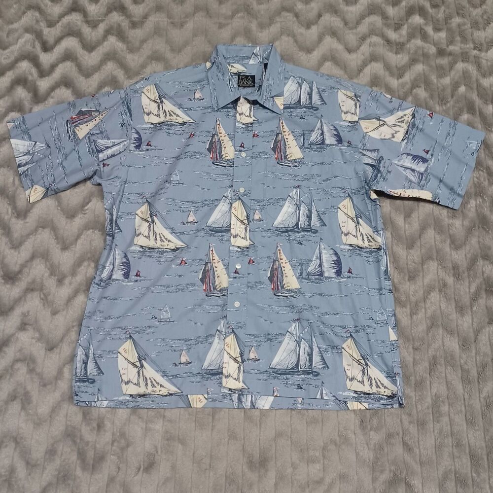 Jos A Bank Mens Size L Blue Short Sleeve Nautical Sailboat Button Up Shirt